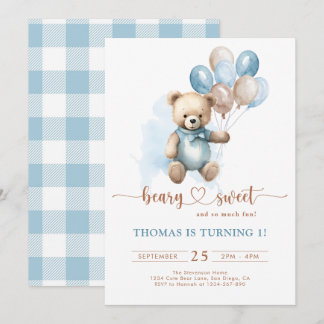 Blue Boy Beary Sweet 1. Geburtstag Kariert Teddy B Einladung