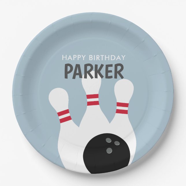 Blue Boy Bowling Birthday Party Pappteller (Vorderseite)
