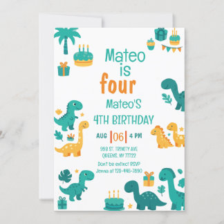 Blue Boy Dinosaur 4ème anniversaire Invitation