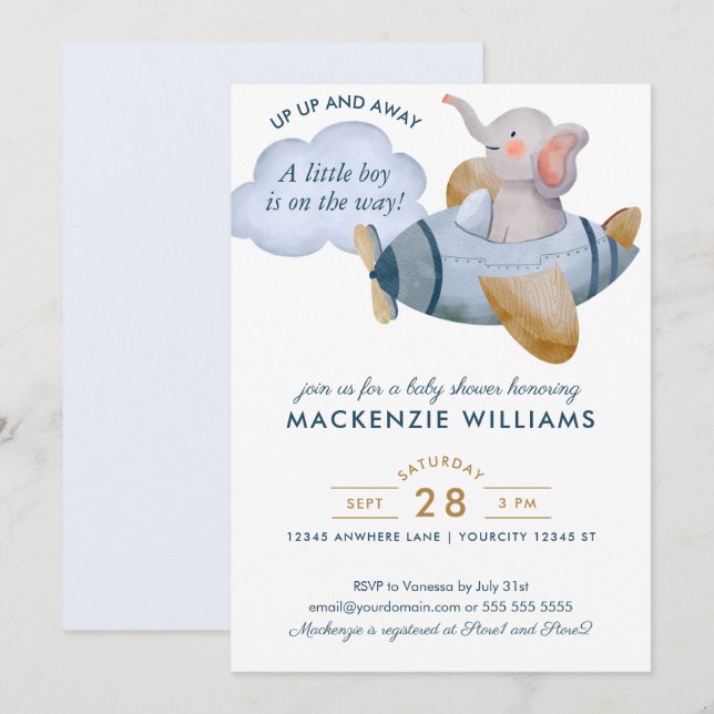 Blue Boy Elephant Flugzeug Watercolor Babydusche Einladung (Vorne/Hinten)