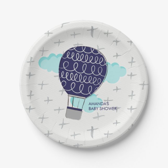 Blue Boy Hot Air Ballon Baby Dusche Party Pappteller (Vorderseite)