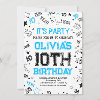 Blue Boy Number Ten Birthday Party Einladung