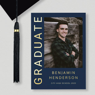 Blue Boy Photo Gold Foil Faire-part de graduation