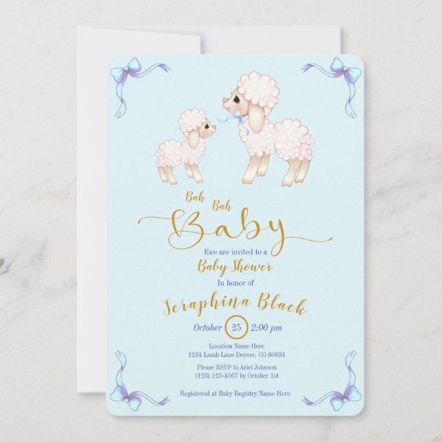 Blue Boy Ribbon Lamb Baby Dusche Einladung (Vorderseite)