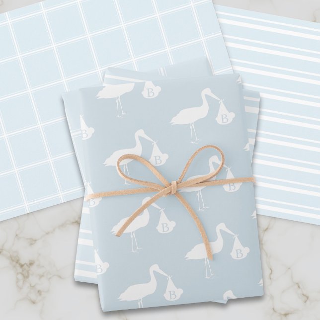 Blue Boy Stork Baby Dusche Packpapier Blätter (Blue stork themed wrapping paper perfect for baby showers and gender reveals)