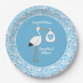 Blue Boy Stork Baby Dusche Pappteller