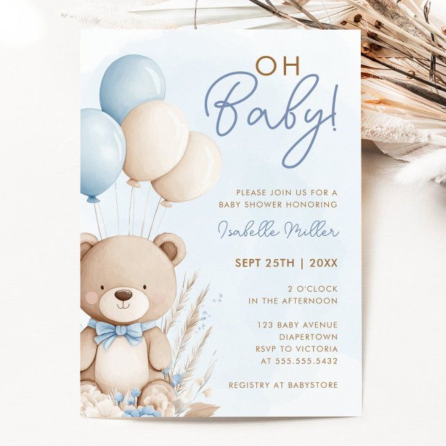 Blue Boy Teddy Bear Boho Baby Dusche Einladung (Blue Boy Teddy Bear Boho Baby Shower Invitation)