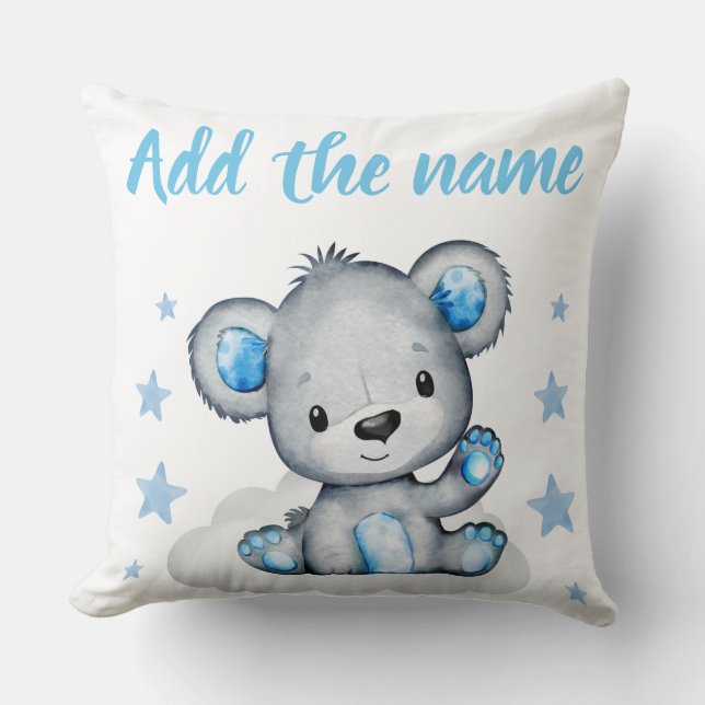 Blue Boy Teddy Bear mit Name Stars Throw Kissen (Vorderseite)