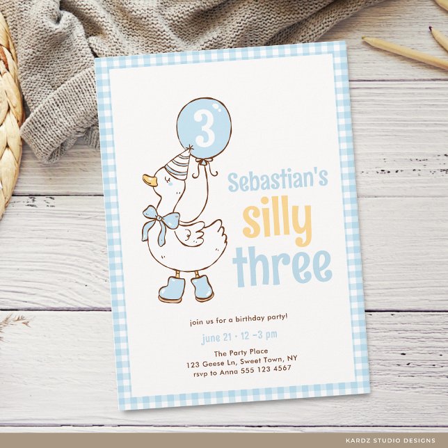 Blue Boy Three Silly Goose 3. Geburtstag Einladung (The front of the invitation is shown in a 5x7-inch size. Choose size, paper, and corner sty)
