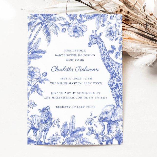 Blue Boy Toile Safari Elegante Baby Dusche Einladung (Blue Boy Toile Safari Elegant Baby Shower Invitation)