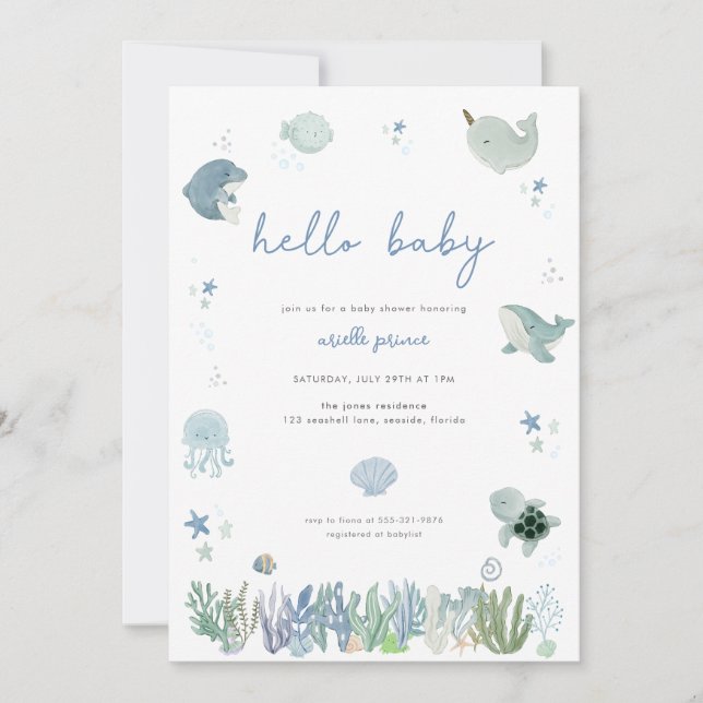 Blue Boy Under the Sea Baby Shower Einladung (Vorderseite)