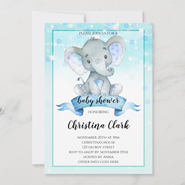 Blue Boys Baby Elephant Baby Dusche Einladung (Vorderseite)