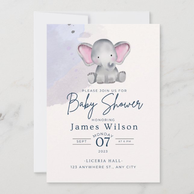Blue Boy's Elephant Watercolor Babydusche Einladung (Vorderseite)