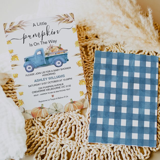 Blue Boy's Little Pumpkin Truck Baby Shower Einladung (Von Creator hochgeladen)