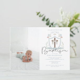 Blue boys photo premier baptême invitation
