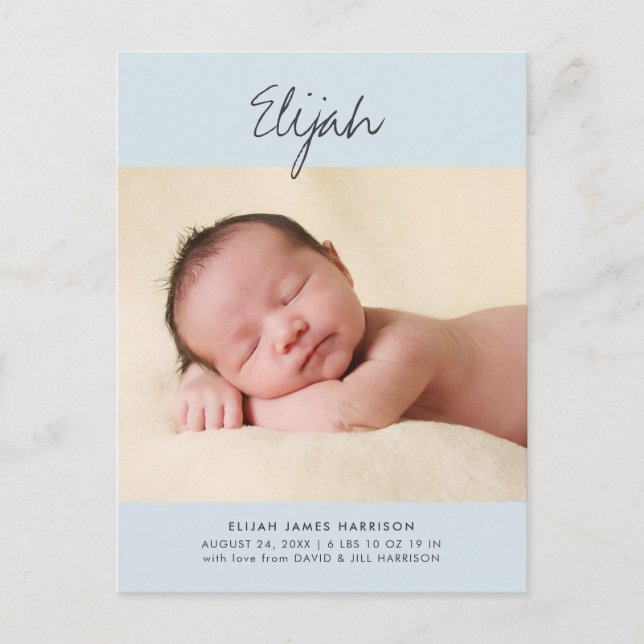 Blue Boys Statement Name Foto Baby Ankündigung Postkarte (Vorderseite)
