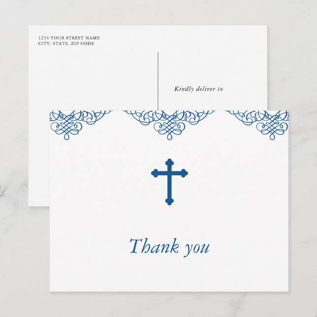 Blue Boys Taufe/Christening Danke Postkarte (Vorne/Hinten)