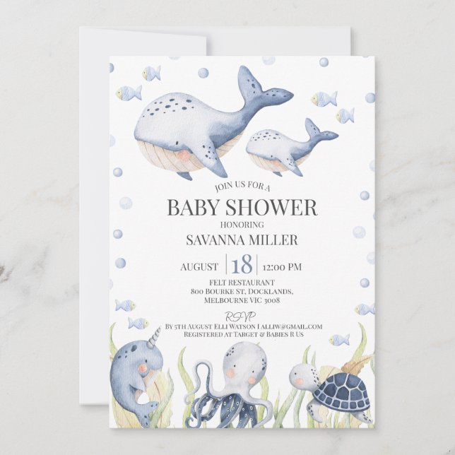 Blue Boys unter dem Meer Whale Calf Baby Dusche Einladung (Vorderseite)