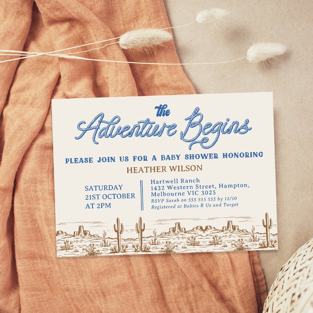 Blue Boys Wilderness Adventure fängt Babydusche an Einladung (Boys Adventure Begins Baby Shower Invitation, Wilderness, Western Desert, Rodeo, Wild West Rope)