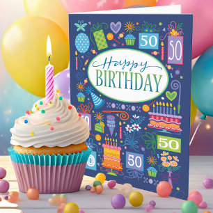Blue Bright Pastel Icons 50e Anniversaire Carte