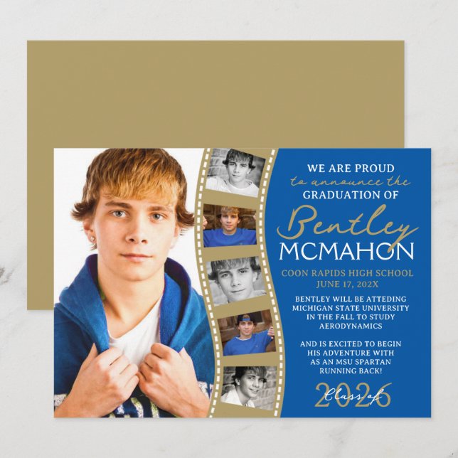 Blue & Bronze Foto Filmstrip Grad Ankündigung (Vorne/Hinten)