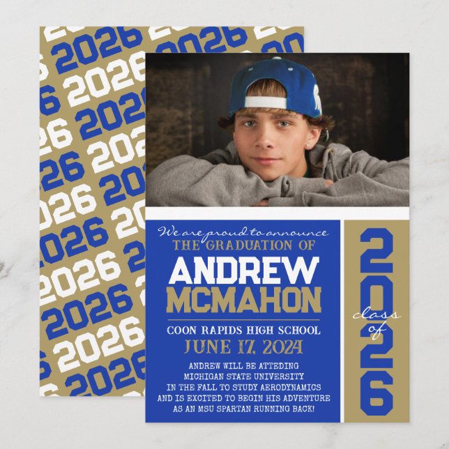 Blue & Bronze Gold Abschluss Foto Ankündigung (Vorne/Hinten)