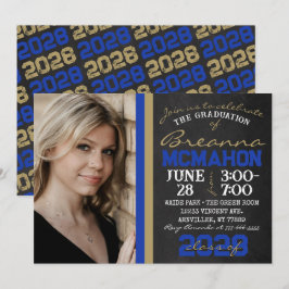 Blue & Bronze Gold Chalkboard Abschluss Foto Einladung