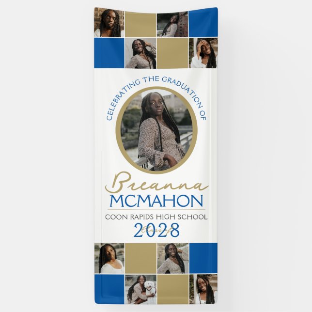 Blue & Bronze Gold Foto Collage Abschluss Vinyl Banner (Vertikal)