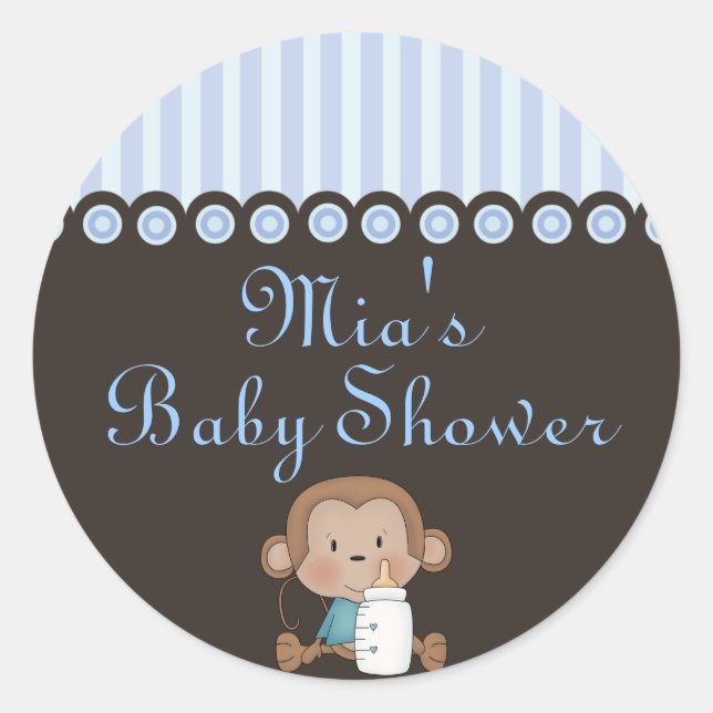 Blue & Brown Affen Design Babyduschklemme Runder Aufkleber (Vorderseite)