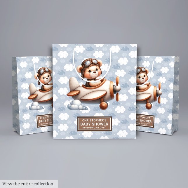 Blue Brown Bear Baby Dusche Beutel Beutel für Jung Mittlere Geschenktüte (Blue Brown Bear Baby Shower Favor Bag For Boys)
