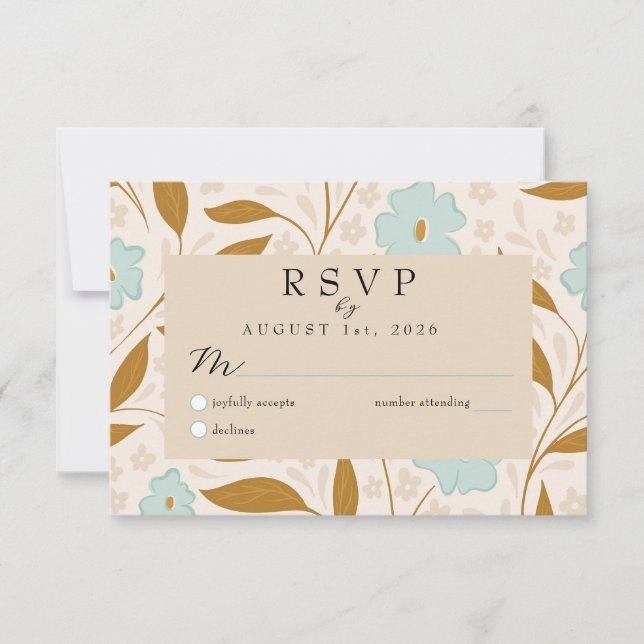 Blue Brown Boho Floral Wedding RSVP Response Card Karte (Vorderseite)