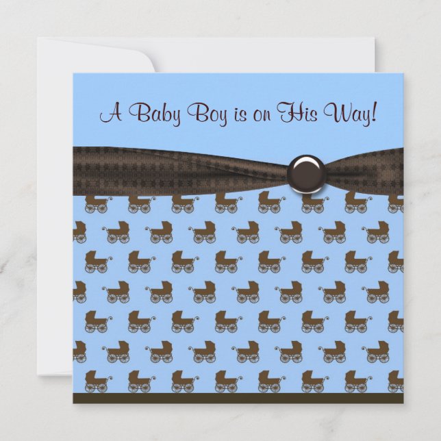 Blue Brown Bow Krawatte Baby Carriage Boy Dusche Einladung (Vorderseite)