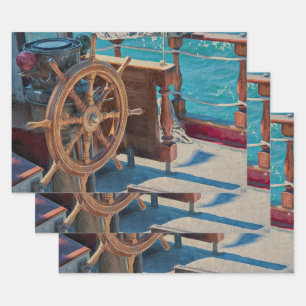 Blue Brown Coastal Ship Geschenkpapier Set