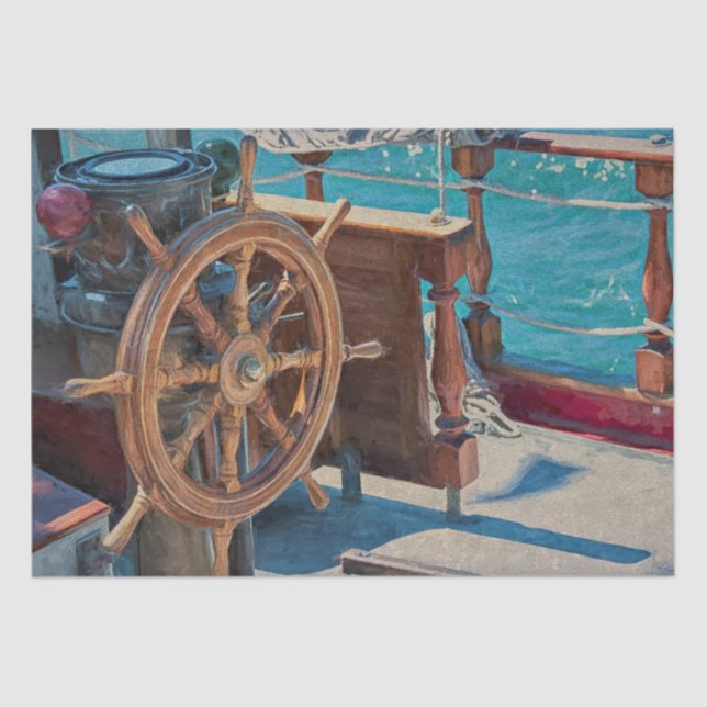 Blue Brown Coastal Ship Nautical Ocean Seidenpapier (Vorderseite)