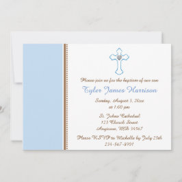 Blue Brown Cross Baby Baptisse / Christening Einladung
