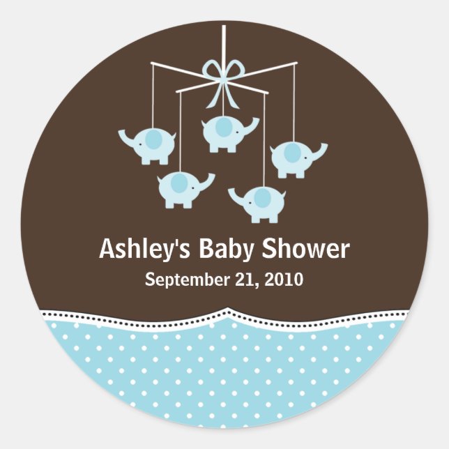 Blue & Brown Elephant Mobile Baby Dusche Runder Aufkleber (Vorderseite)