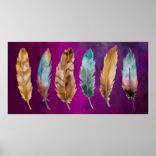 Blue Brown Feathers Lila Poster Print (Vorne)