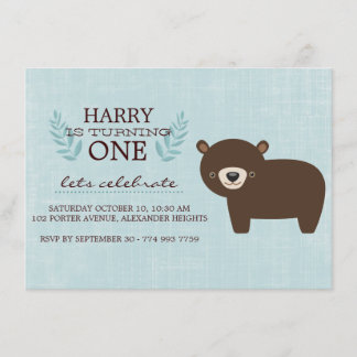 Blue & Brown Forest Bear Boys zum Geburtstag einla Einladung