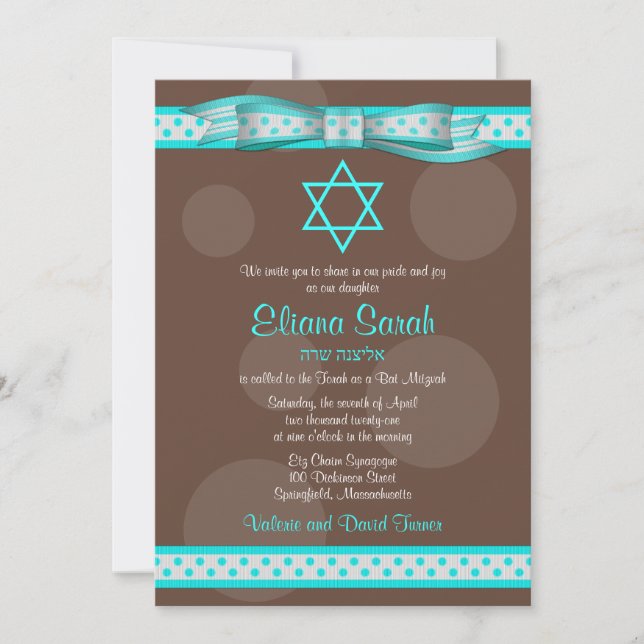 Blue Brown Polka Dot Ribbon Bat Mitzvah Einladung (Vorderseite)