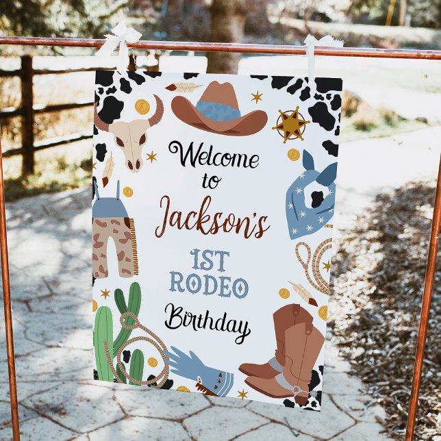 Blue Brown Premier Rodéo 1er Anniversaire Affiche  (Editable Boys 1st Rodeo Birthday Welcome Sign, Cowboy Birthday Party Welcome Poster, Wild West )