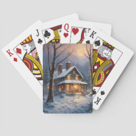 Blue Brown Rustic Winter Cabin Snow Painting  Spielkarten
