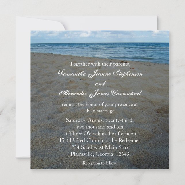 Blue+Brown Sands Beach Hochzeitseinladungen Einladung (Vorderseite)