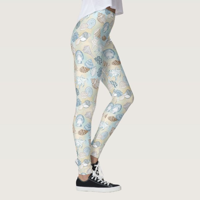 Blue Brown Seashells Pattern Beach Leggings (Rechts)
