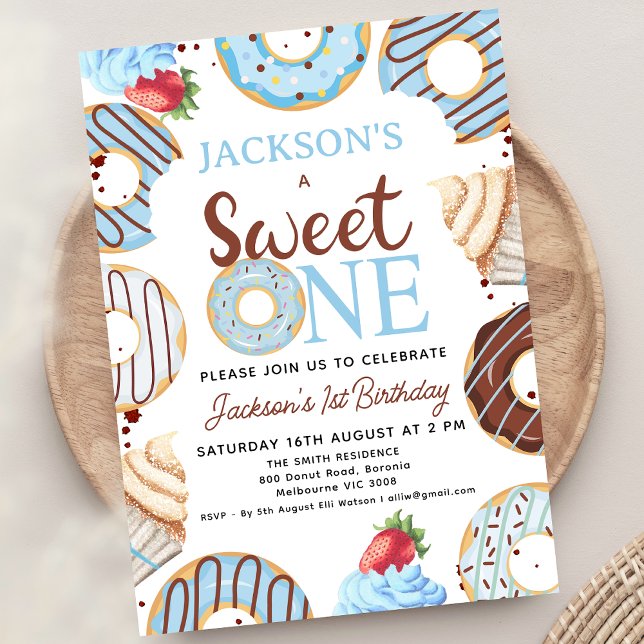 Blue Brown Sweet One Donut Birthday Einladung (Editable Boys Donut Sweet One Birthday Party Invitation Template. Printable Boys 1st Birthday Donut)