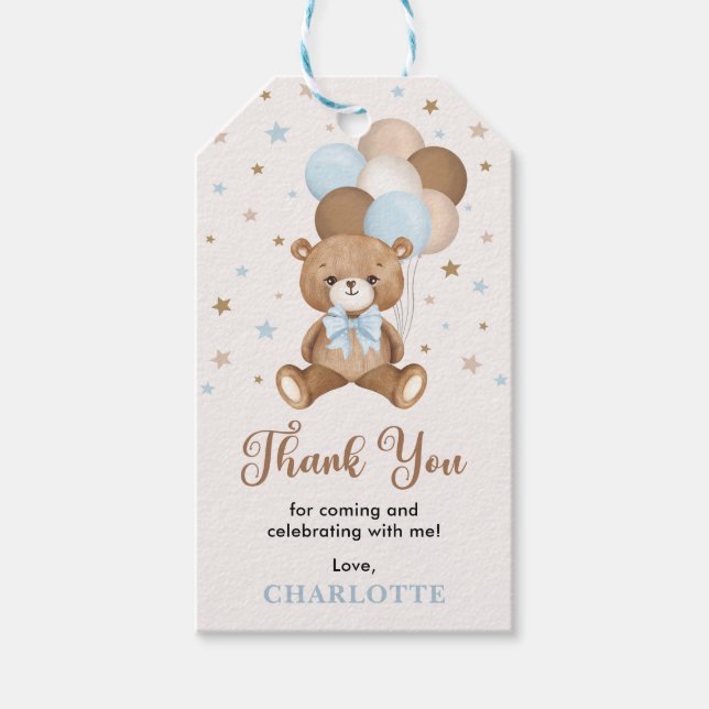 Blue Brown Teddy Bear Baby Dusche Vielen Dank Geschenkanhänger (Vorderseite)