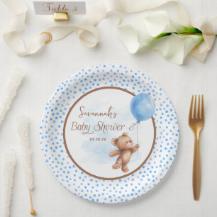 Blue Brown Teddy Bear Baby Shower Paper Plate Pappteller
