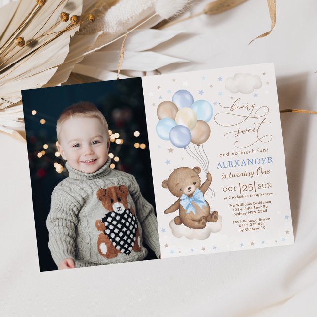 Blue Brown Teddy Bear Balloons Birthday Boy Foto Einladung (Von Creator hochgeladen)
