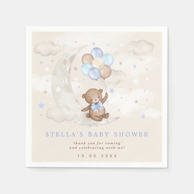 Blue Brown Teddy Bear Balloons Moon Stars Baby Boy Serviette (Vorderseite)