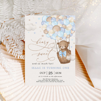 Blue Brown Teddy Bear Hot Air Ballon Boy Birthday Einladung