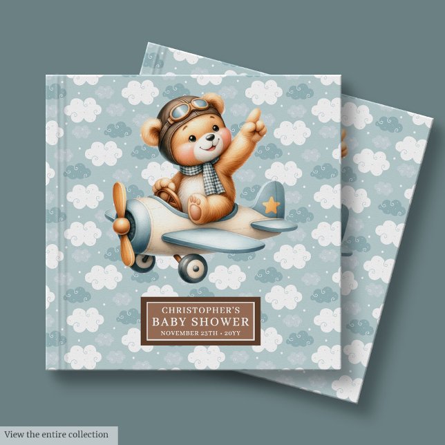 Blue Brown Teddy Bear Pilot Baby Shooter Gästebuch (Blue Brown Teddy Bear Pilot Baby Shower Guest Book)